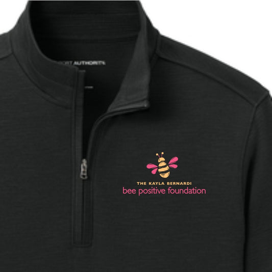 Black unisex 1/4 zip with bee positive logo
