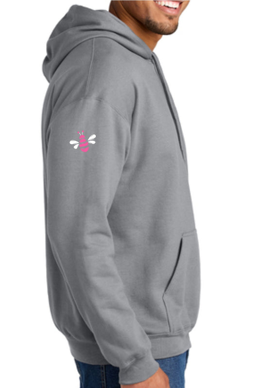Softstyle Cement Pullover Unisex Hoodie with bee positive circle logo