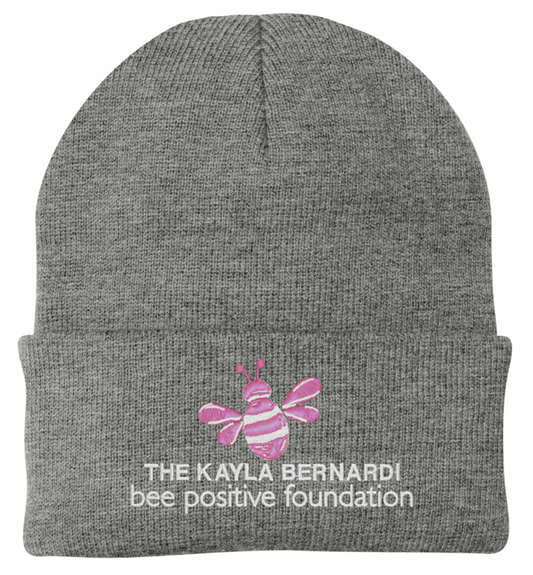 Grey BEE Positive Beanie with pink bee